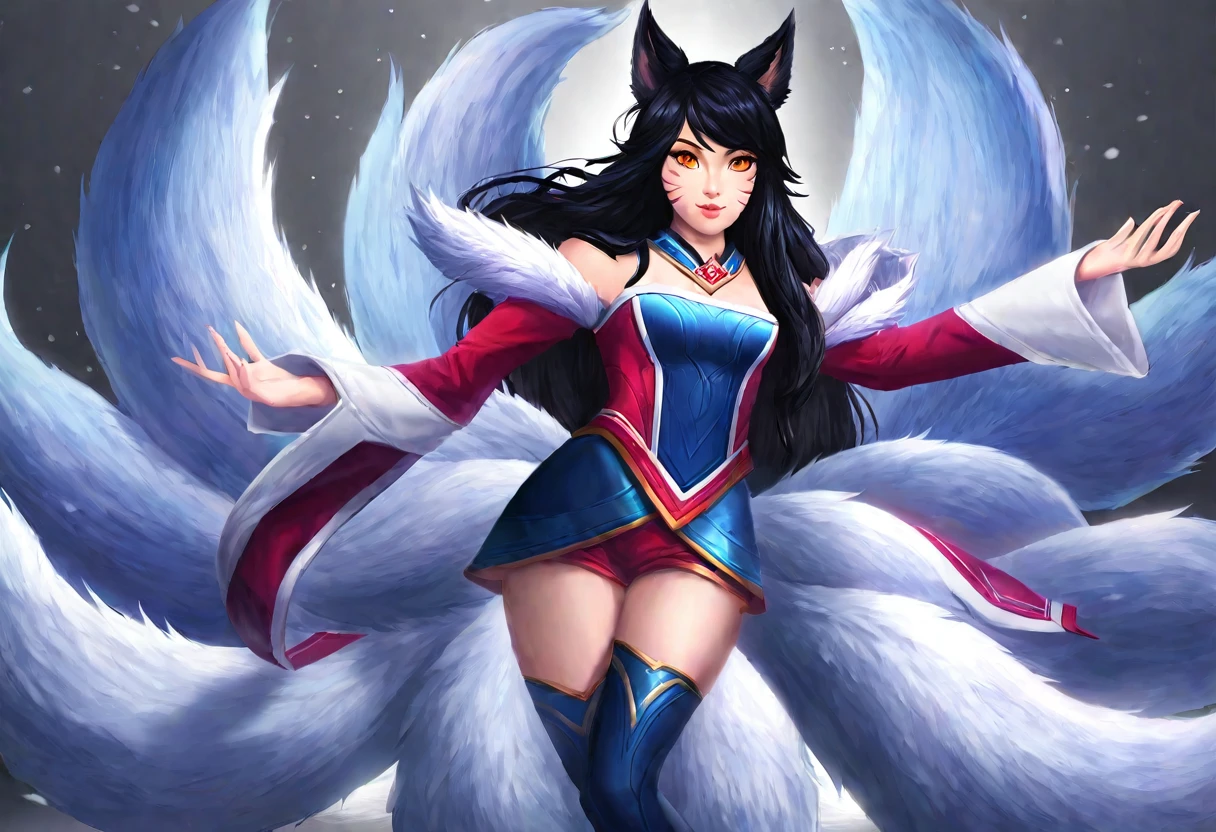 ahri, ahri_(league_of_legends), 1girl, absurdres, animal_ears, black_hair, detached_sleeves, distr, facial_mark, fox_ears, fox_tail, hand_up, highres, league_of_legends, long_hair, snowsuit, magic, multiple_tails, white_tails, orange_eyes, parted_lips, solo, standing, tail, full_body, arms behind back