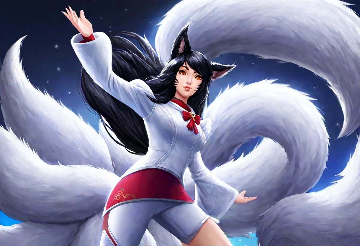 ahri, ahri_(league_of_legends), 1girl, absurdres, animal_ears, black_hair, detached_sleeves, distr, facial_mark, fox_ears, fox_tail, hand_up, highres, league_of_legends, long_hair, snowsuit, magic, multiple_tails, white_tails, orange_eyes, parted_lips, solo, standing, tail, full_body, arms behind back