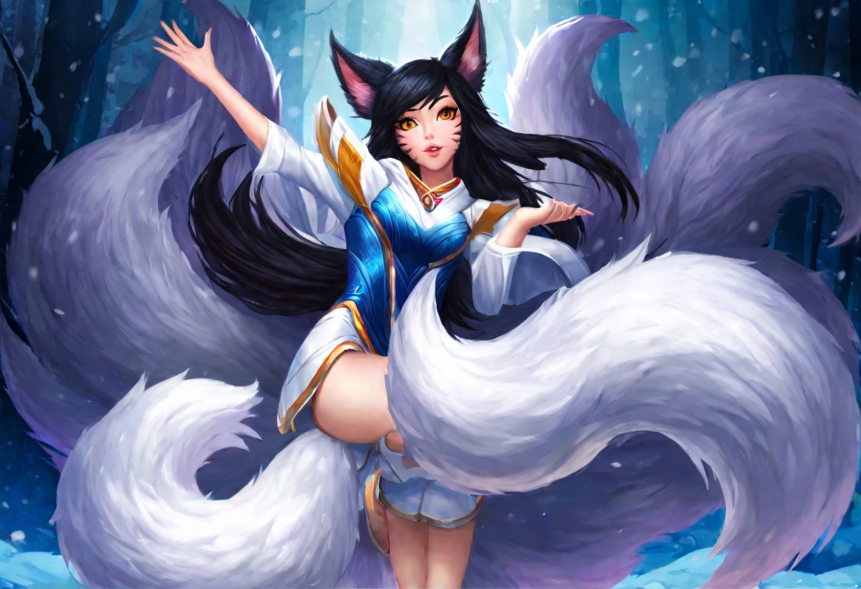 ahri, ahri_(league_of_legends), 1girl, absurdres, animal_ears, black_hair, detached_sleeves, distr, facial_mark, fox_ears, fox_tail, hand_up, highres, league_of_legends, long_hair, snowsuit, magic, multiple_tails, white_tails, orange_eyes, parted_lips, solo, standing, tail, full_body, arms behind back