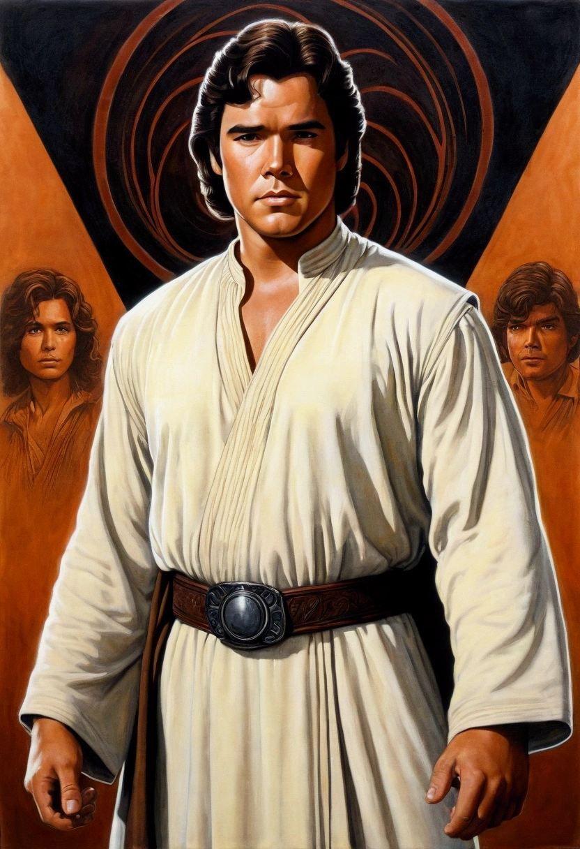 An illustrated movie poster, hand-drawn, full color, a young Jedi, 18-years-old, male, wearing a tunic shirt, portly figure, broad shoulders, muscular, hairy body, lost of body hair, brown eyes, brown-black hair, curly voluminous mane, sun-tanned skin, resembles Dean Cain, standing in a seedy cantina, graphite shading, stencil marks, airbrushed acrylic paint, masterpiece, in the style of Drew Struzan