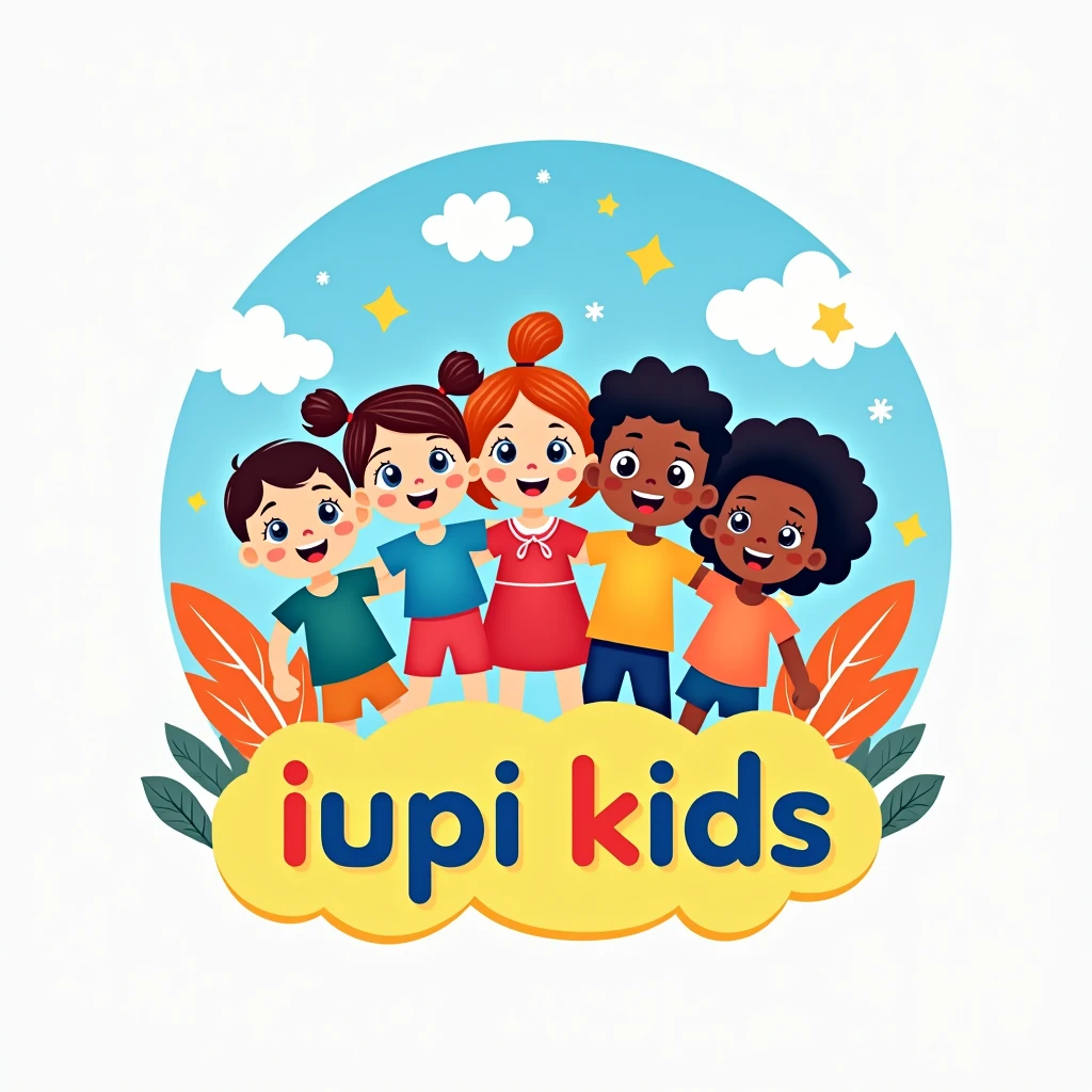 Design a playful and vibrant logo for a children's YouTube channel named 'IuPi Kids'. The logo should feature bright colors, fun illustrations, and a friendly, approachable style. Include multiple children in the design to emphasize the channel’s focus on diverse and engaging content for kids