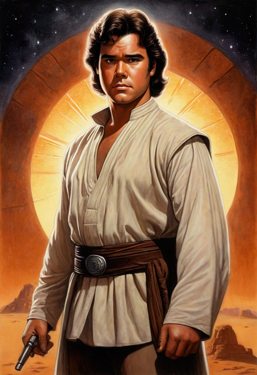 An illustrated movie poster, hand-drawn, full color, a young Jedi, 18-years-old, male, wearing a tunic shirt, portly figure, broad shoulders, muscular, hairy body, lost of body hair, brown eyes, brown-black hair, curly voluminous mane, sun-tanned skin, resembles Dean Cain, standing in a seedy cantina, graphite shading, stencil marks, airbrushed acrylic paint, masterpiece, in the style of Drew Struzan