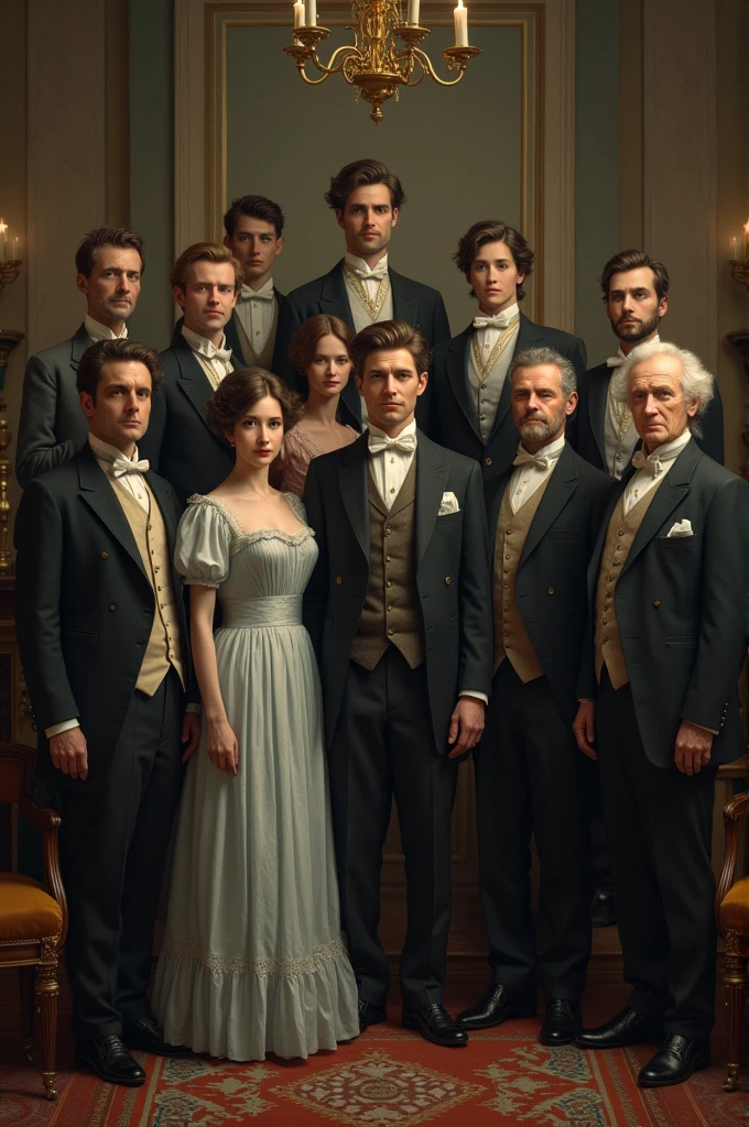 Create an image of 12 primes in 1892, in the nineteenth century. They are adults.
There are five brothers, Robert, Emily, Jennifer, Jane and David Two brothers, Anthony and Victor Three brothers, evan, Elizabeth e Vanessa.
And two brothers Paul and Greta