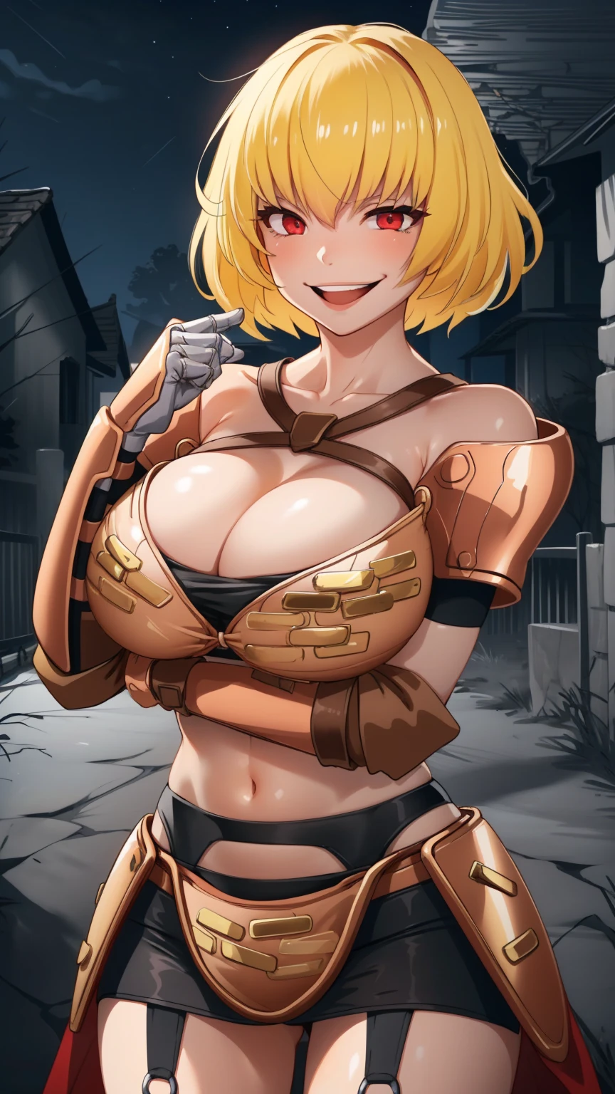 ((((hide hand)))), 1girl, clementine \(overlord\), armor, garter belt, gauntlets, blonde hair, short hair, red eyes, smile, psycho smile, mouth open, psycho face, empty eyes, crazy eyes, crazy smile, (nighttime, night, dim lighting, dark atmosphere), masterpiece, extremely detailed CG unity 8k wallpaper, best quality, 32k, focus sharp ,((huge breast)), 