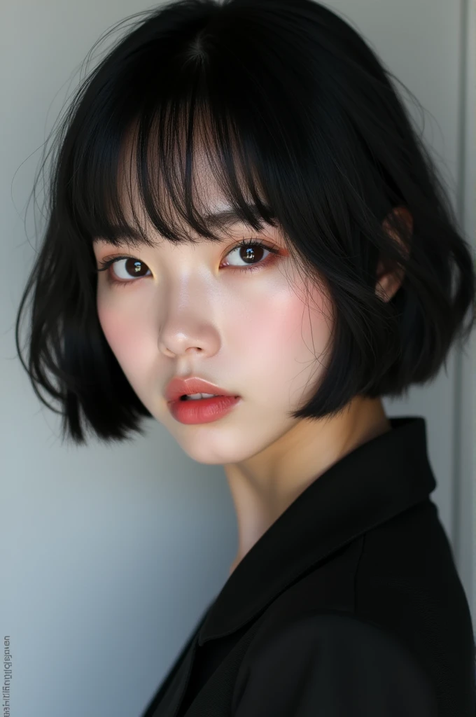 South Korean female idol with short black hair and bangs