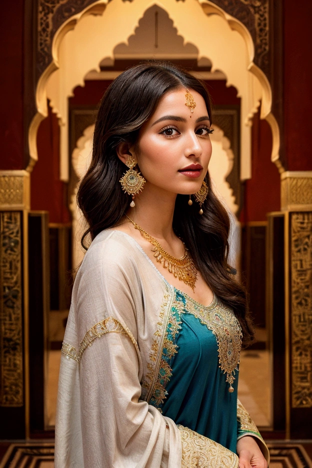 Create an image of a Moroccan woman wearing a traditional Moroccan caftan. The caftan is long and elegant, made of luxurious fabric in a rich color like deep blue or emerald green, with intricate gold embroidery and delicate beadwork. She stands gracefully, her expression serene and confident, embodying the elegance and cultural richness of Moroccan attire. Her hair is styled in loose waves, and she wears traditional jewelry, such as a pair of large, ornate earrings and a delicate necklace. The background is a beautifully decorated Moroccan interior, featuring arched doorways, intricate tilework, and warm, ambient lighting, enhancing the luxurious feel of the scene.