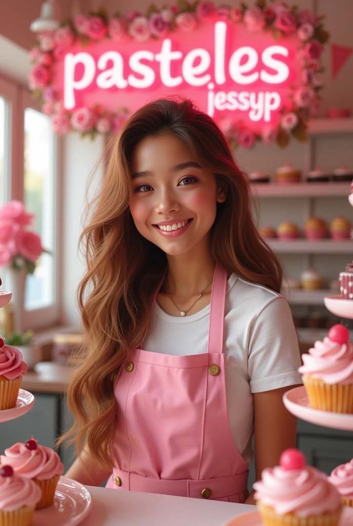Pastry girl, light brown skin color, ohos cafes,smiling with braces on teeth, long loose hair with caramel balayage, with the sign “Pasteles JessyP” in pink flowery letters, Pink colour, around cakes, cupcakes