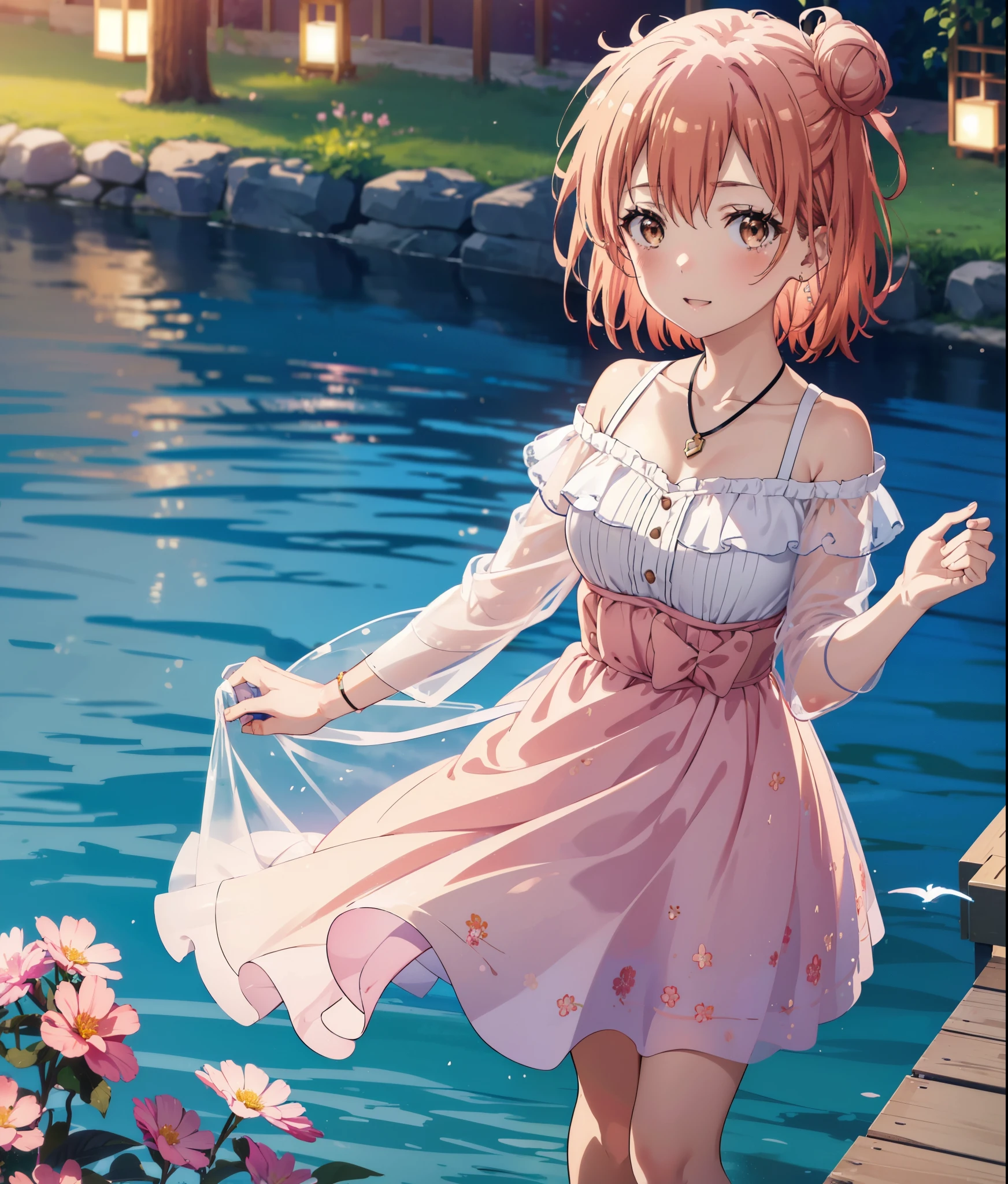 yuiyuigahama, yui yuigahama, short hair, (Brown eyes:1.5), (Pink Hair:1.2), Hair Bun, single Hair Bun,Big Breasts,smile,blush,Open your mouth,Off-the-shoulder dress,Bare shoulders,bare clavicle,Bare neck,Rocket Pendant,mini skirt,Cute heeled sandals,Daytime,Clear skies,Walking,whole bodyがイラストに入るように,
break outdoors,Flower Field,Large Lake,
break looking at viewer, whole body,
break (masterpiece:1.2), Highest quality, High resolution, unity 8k wallpaper, (figure:0.8), (Beautiful attention to detail:1.6), Highly detailed face, Perfect lighting, Highly detailed CG, (Perfect hands, Perfect Anatomy),