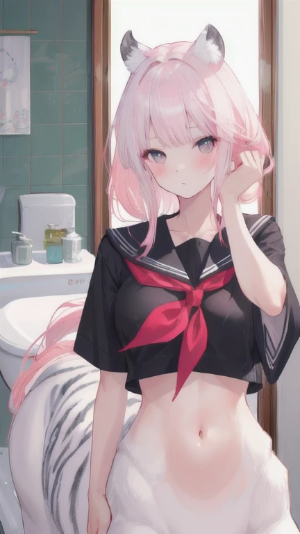(best quality, masterpiece), 1 girl, centaur, I beg, White skin, Japanese schoolgirl,daughter,black pink, exposing the abdomen, belly button t-shirt , Beautiful girl perfect white tiger photo, Perfect bathroom photo
