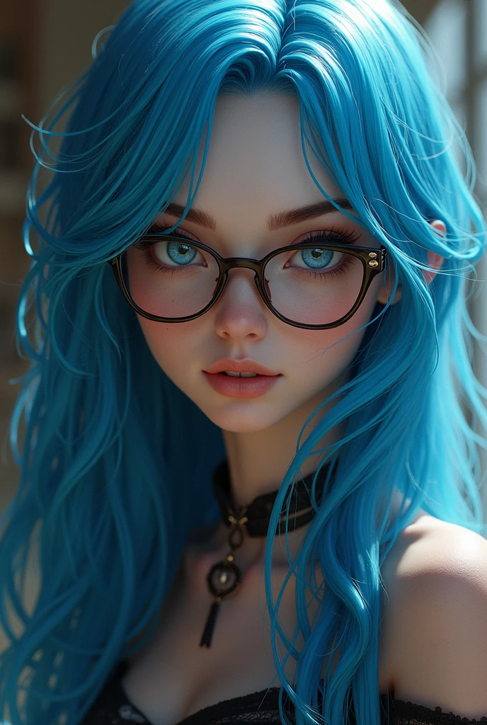 A character for RPG, Woman, with blue hair down to her belly, who wears glasses