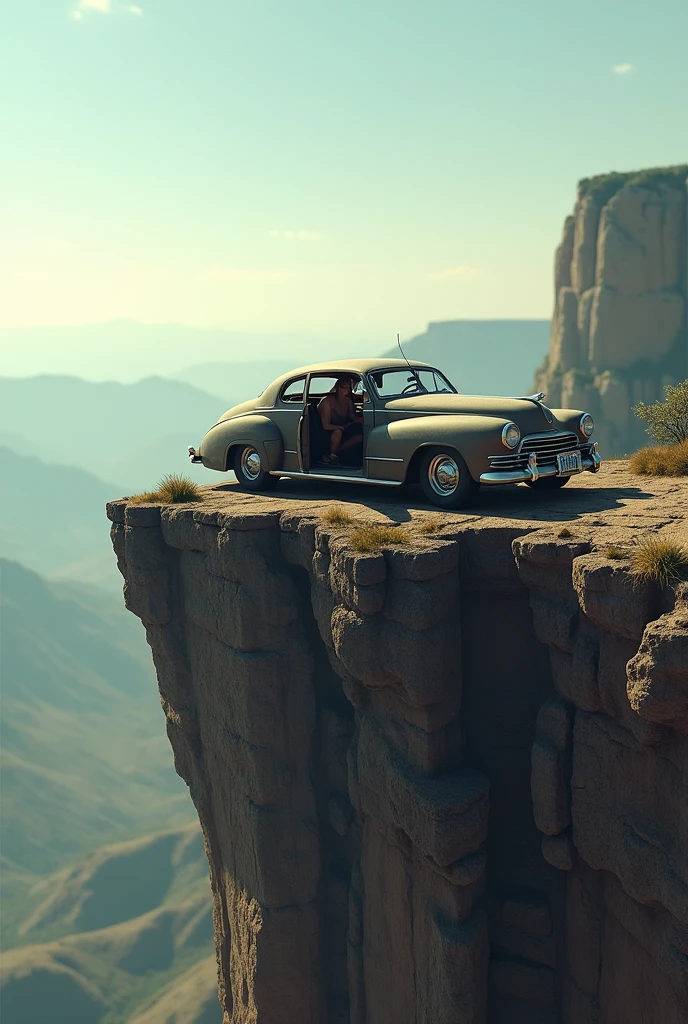 Vintage car on top of a cliff hill in perspective with the doors open and two people inside