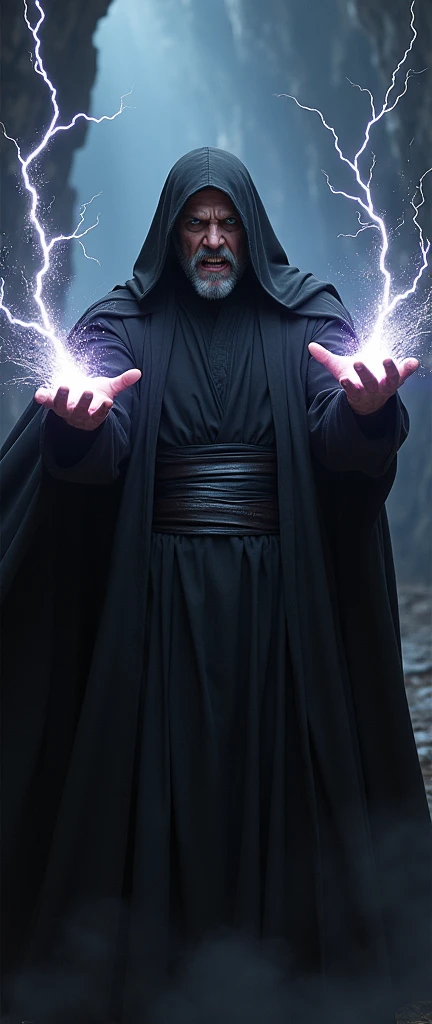 A man shouts in anger at the camera. He is dressed in dark Sith robes and shoots lightning bolts from both hands at the camera.