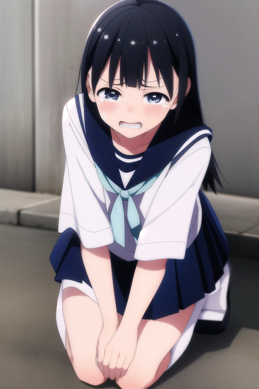 Akebi chan no sailor fuku, Akebi chan, Akebi chan crying, Akebi beggar, Akebi begs, sad face, Akebi chan on her knees in the street
