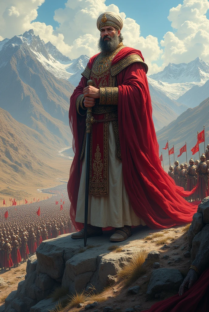 Ottoman emperor standing at a mountain watching his army march towards the battle