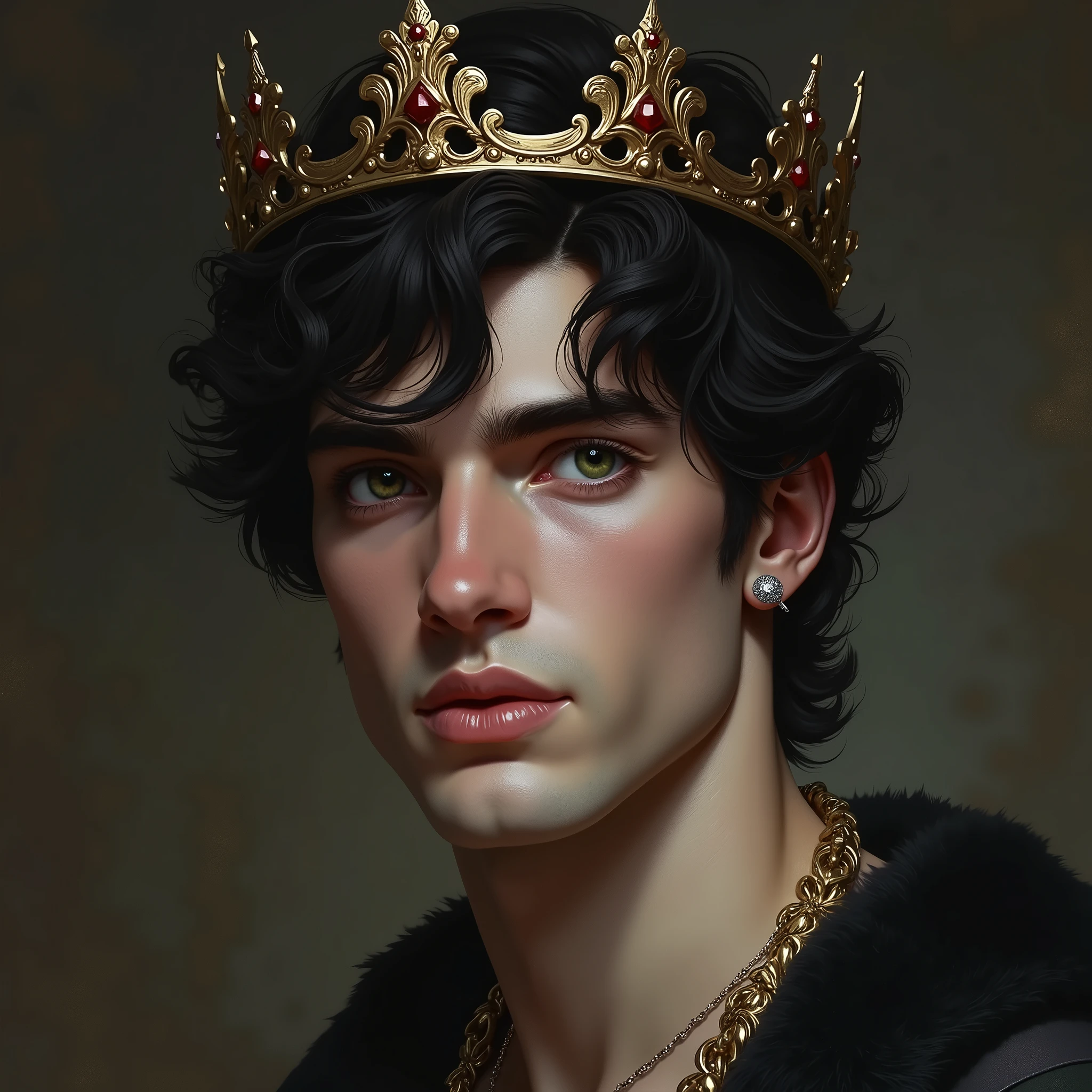 Guiseppe is a 2 Italian man who is the prince of the Italian crown. He wears a black gold crown on his dark hair and has greenish eyes.. Quero uma imagem realista 
