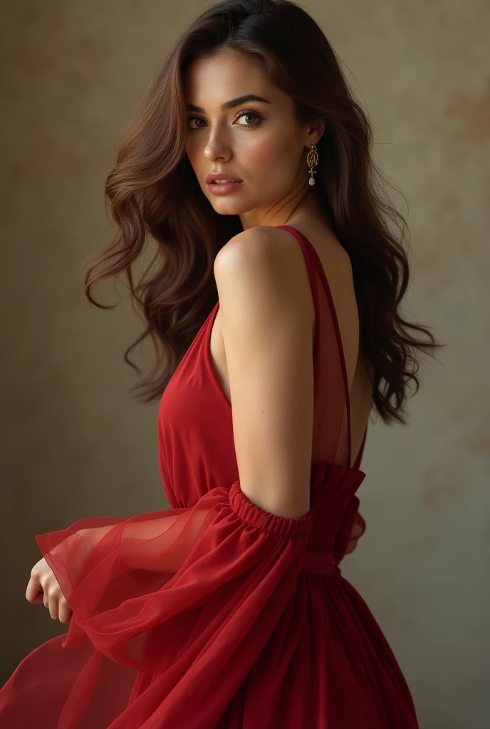 wonam bronw hair, red dress