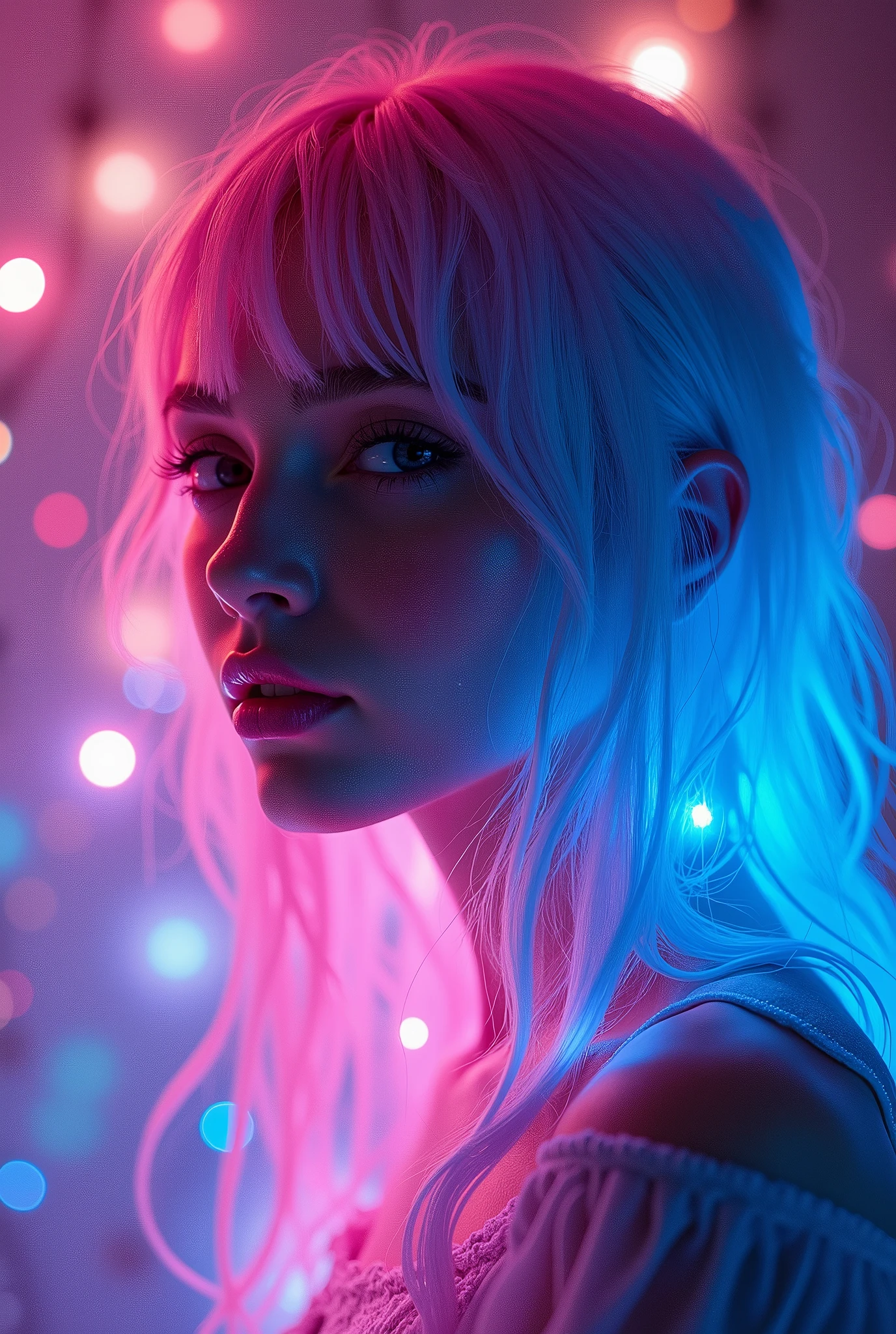 neon pink and blue hair is glowing in the dark, in the style of dark white and light purple, trillwave, digital airbrushing, glowing lights, glowing neon, vibrant whimsy,