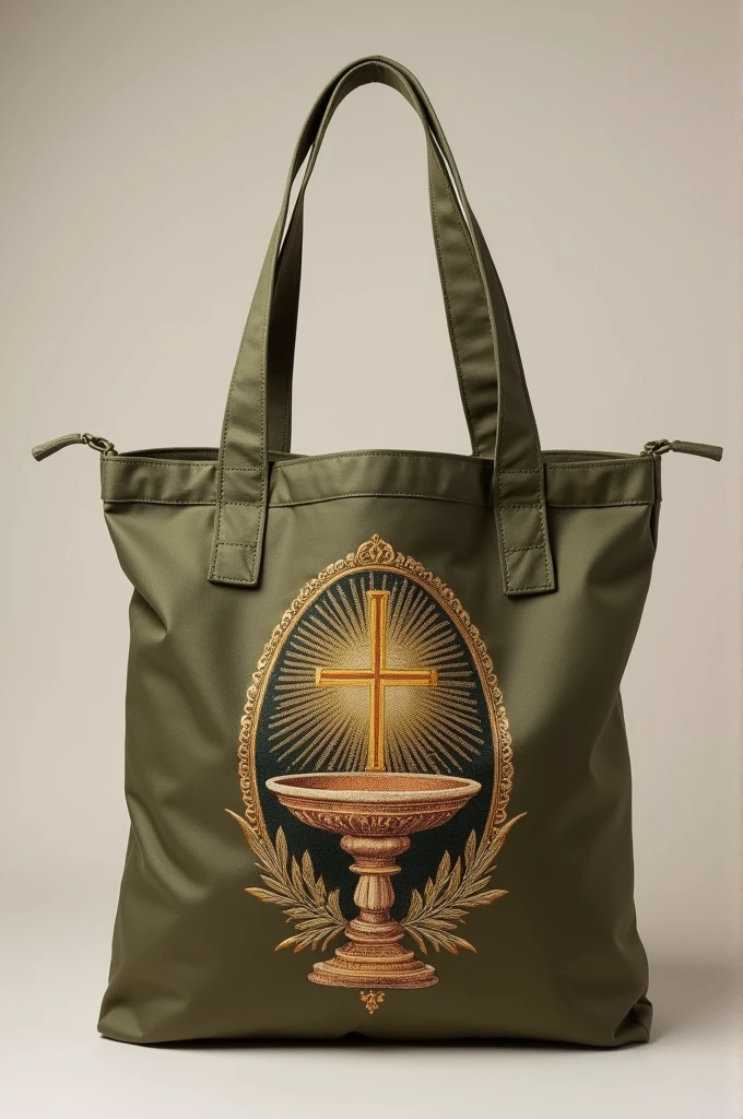 I want a khaki tote bag with the holy sacrament of the altar embroidered on it.