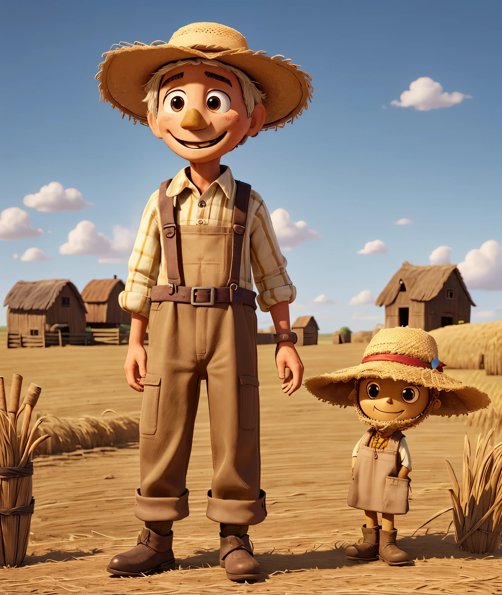 Create a friendly scarecrow made of straw, dressed in an old but neat farmer's outfit with a large, slightly tattered straw hat. The scarecrow's stitched eyes are expressive and wise, and he has a big, welcoming smile. He holds a rustic cane and stands in a cornfield, with warm sunlight casting a gentle glow around him."