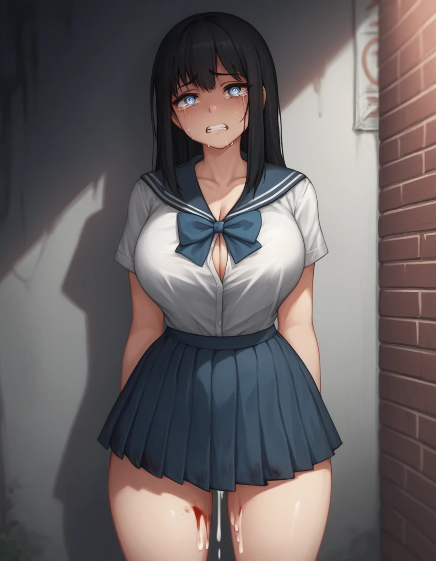 ((sexy girl)), big breasts, long black hair, looking at viewer,moistened eyes, young girl, gritting teeth, crying, sad, alley, skirt, cumdrip, blood on thighs, (cum dripping from under skirt), bruise, lighty torn clothes, standing, flat iris, school outfit, (sfw), disheveled clothes, disheveled, sloppily dressed, curvy, partially undressed, raped, broken rape victim, open bow, slight cleavage,