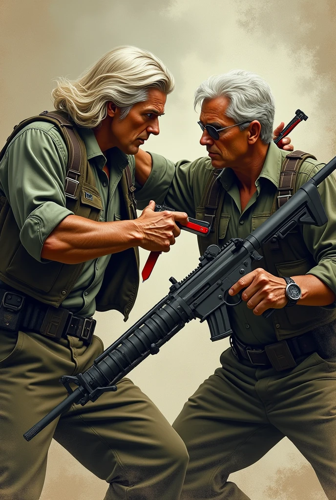I want an illustration of Macgyver Richard Dean Anderson with long white hair and a little fat and with a red Swiss army knife in his hand wearing a camouflage-colored soldier suit ,fighting Murdoc actor Michael Des Barres with short white hair, and slightly dark glasses and a grey military suit and a gun in his hand