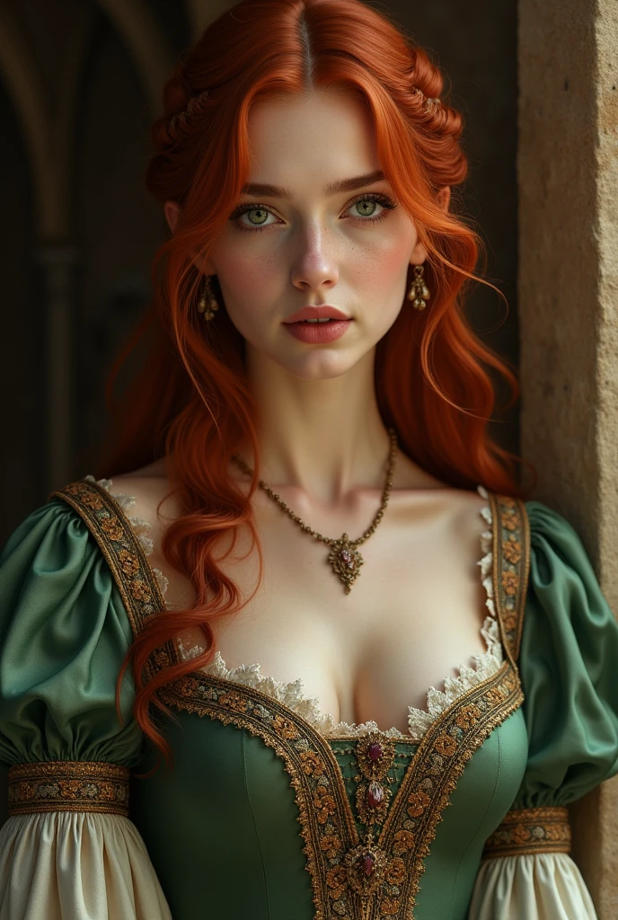 A woman with red hair and green eyes wearing a medieval-era dress.
