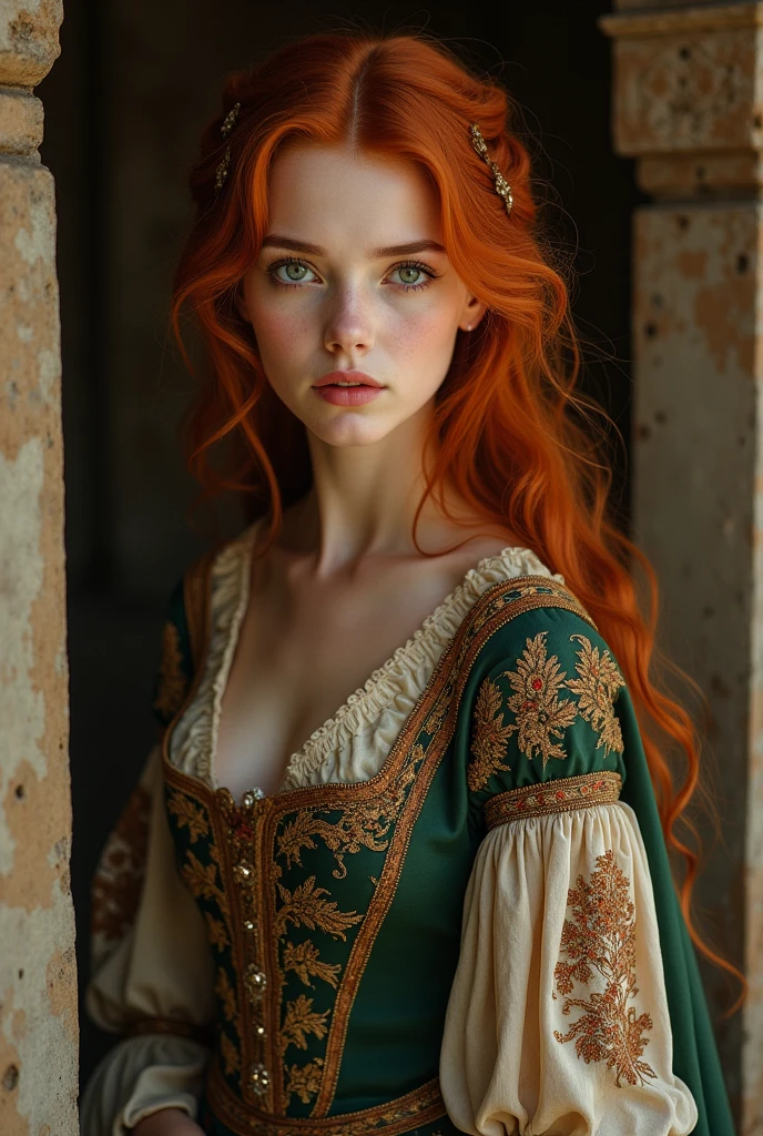 A woman with red hair and green eyes wearing a medieval-era dress.