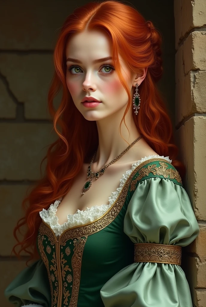 A woman with red hair and green eyes wearing a medieval-era dress.