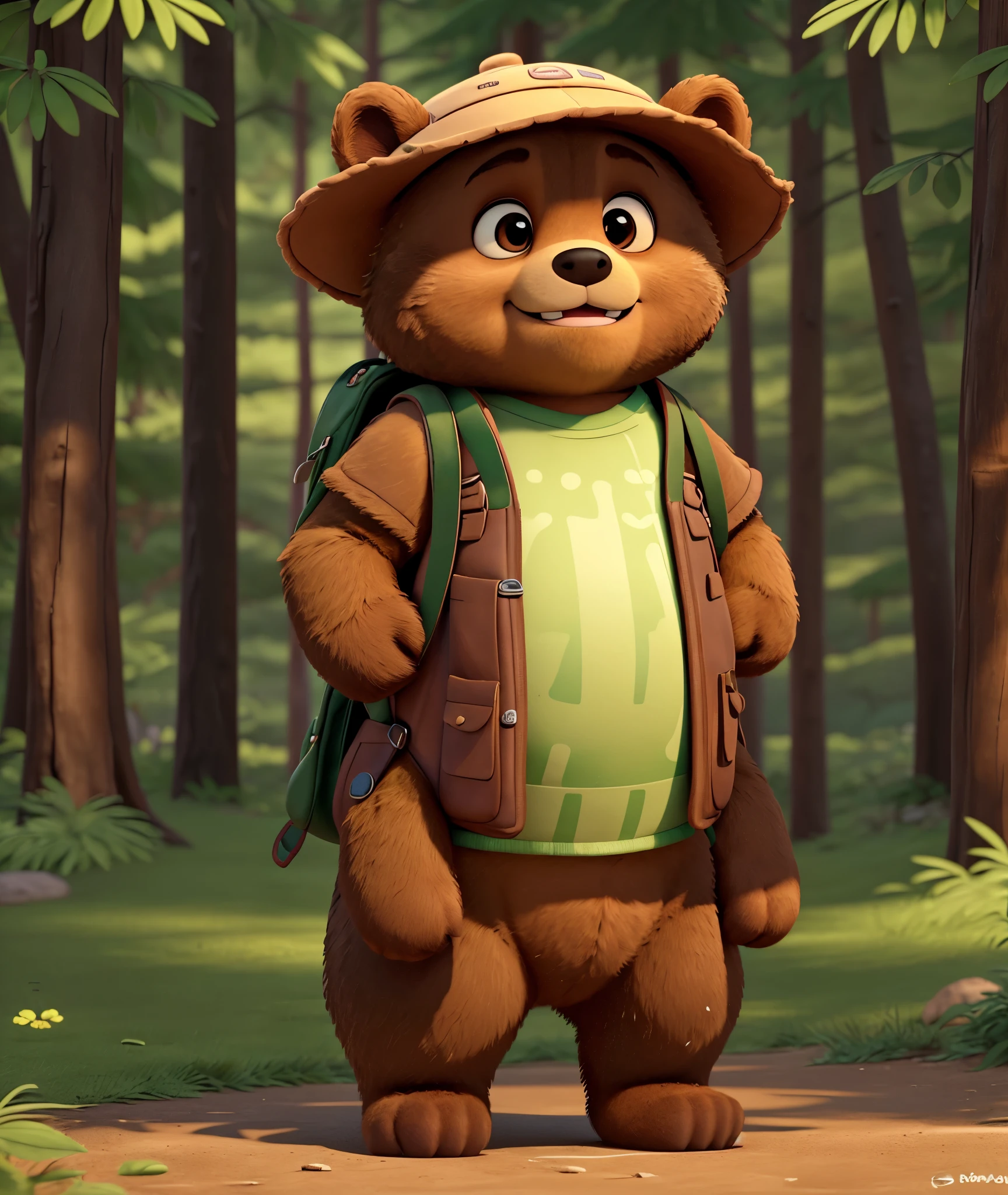 Design a chubby, light-brown bear cub with big paws and small but determined eyes. The bear wears a green explorer's hat and carries a backpack ready for adventure. He has a confident, friendly posture and a big, cheerful smile. He is standing tall in a wooded area, ready to explore."