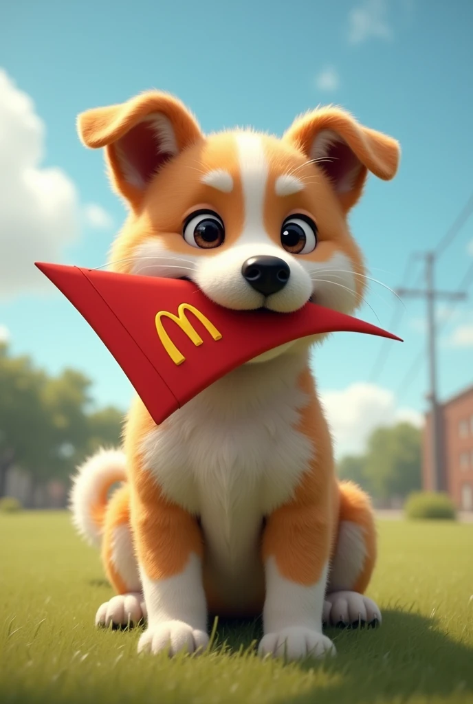 A realistic dog with a pennant in its mouth from McDonald's