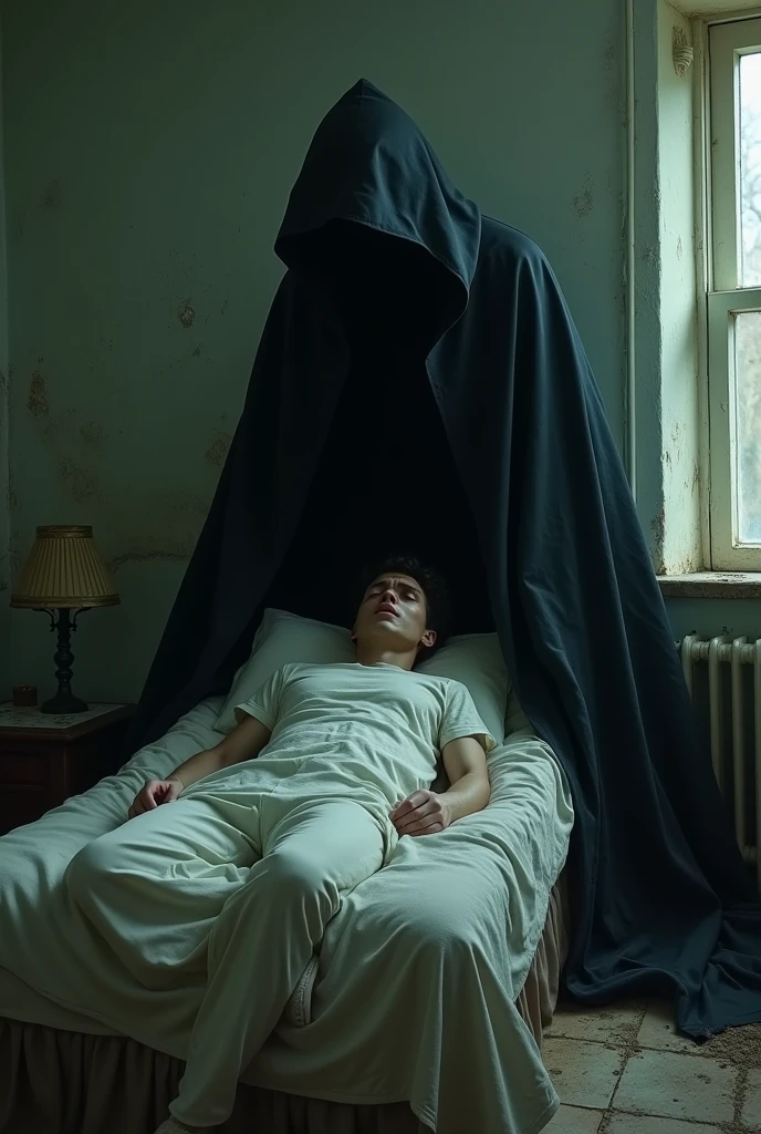 Caucasian male, lying on a bed, your room is run down, A figure with a terrifying black cape appears at the head of the story., sleep paralysis, terror