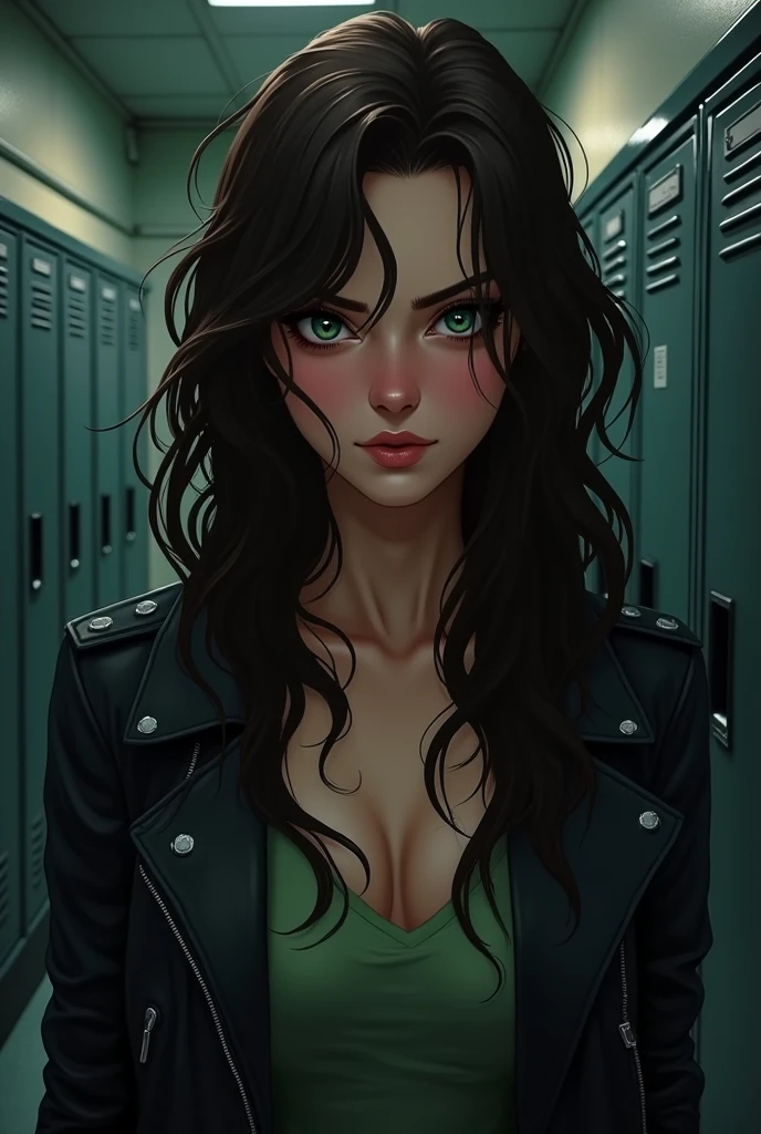 create an illustration of a young woman who looks 2, very dark brown hair, wavy and long, very white skin and slightly pink cheeks and light green eyes, wearing leather jacket, her fatal and sexy gaze and mischievous smirk in digital illustration style inspired by the GTA V loading screens, Her sexy expression, low lighting. thriller atmosphere. University hallway background with dark university lockers