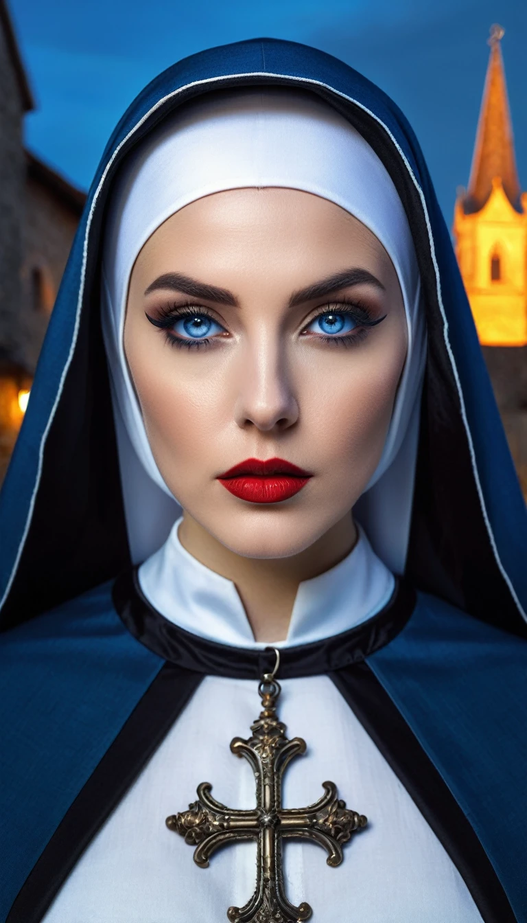 tmasterpiece，Best quality at best，A high resolution，8K，((Portrait))，(Head close-up)，Original photo，real photograph，digital photography，(A medieval fantasy woman)，(The nun in fantasy style)，2 woman，(Inky blue gradation of hair)，Long blue hair，red eyes，(Long hair with blue and gray gradient，blue)，(Big breasts)，An extravagant ornament，cparted lips，Keep your mouth shuegant and charming，((Frown))，Serious and arrogant，Calm and handsome，(Medieval nun costume，Cross，A complex pattern of clothing)，Photo pose，medieval characteredieval fantasy style，City background at night，oc render reflection texture