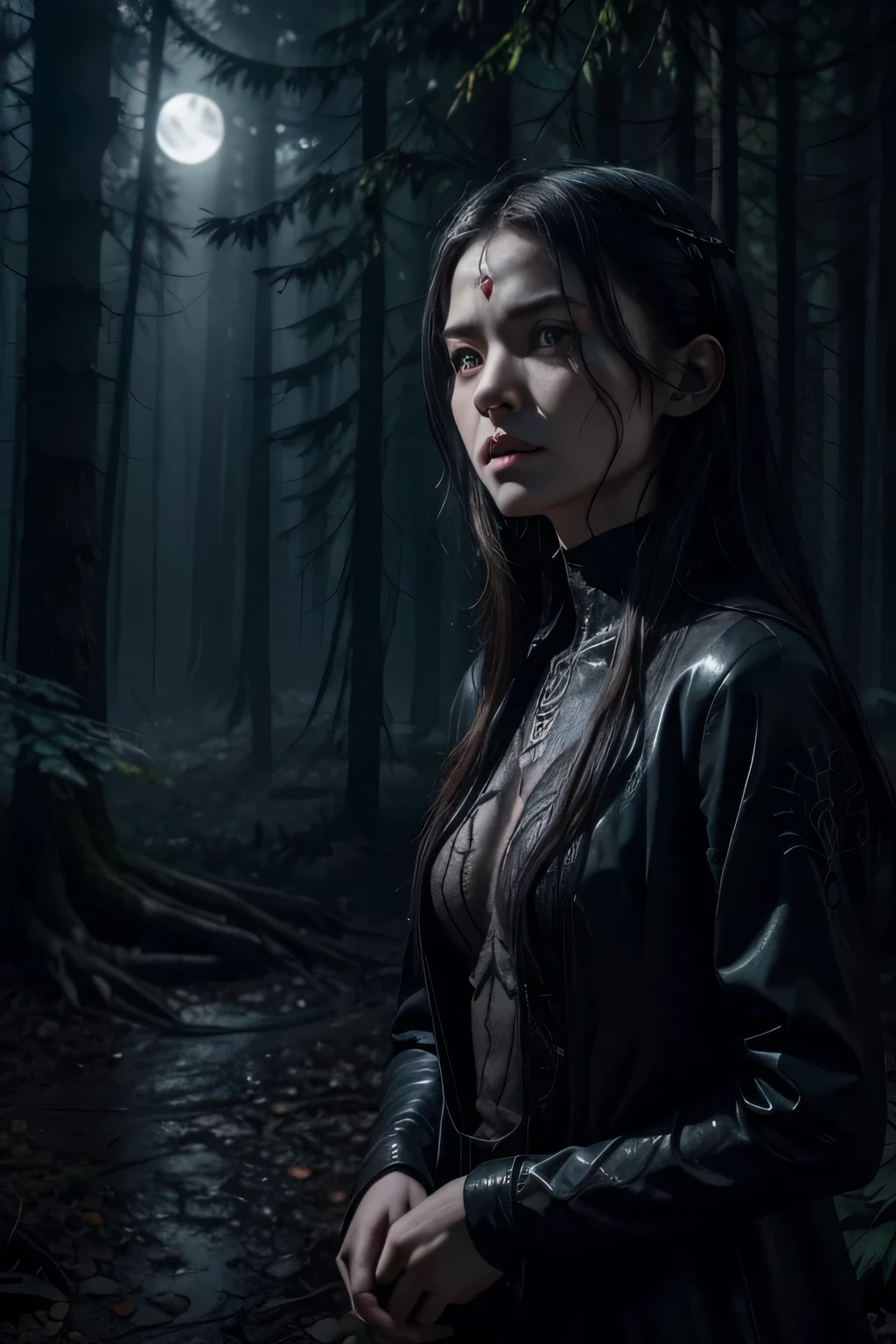 The avatar is a dark and intriguing figure, with a face that looks like it was carved from cold stone. The eyes are orbs of intense red, shining with an inner light that reveals a disturbing and evil presence. The face is pale and almost translucent, with thin, dark veins running through the skin, creating a pattern that resembles a spider web.
The background of the image is a dense and dark forest., with ancient, twisted trees that seem to stretch like claws toward the sky. the moonlight, filtered by a thick layer of clouds, projects a spectral glow over the scene, casting long, distorted shadows that move subtly.
In a disturbing detail, a series of claw marks and occult symbols are carved into the trees near the avatar, as if a sinister ritual had taken place there. Around the avatar's feet, a dark mist spreads across the ground, revealing debris and remains of forgotten objects. Small fragments of bones and ancient objects are scattered, suggesting a story of macabre and ancient events.
The combination of these elements creates an atmosphere of mystery and terror., giving the impression that the avatar is an entity from a dark and disturbing world, silently watching and waiting for the right moment to act.