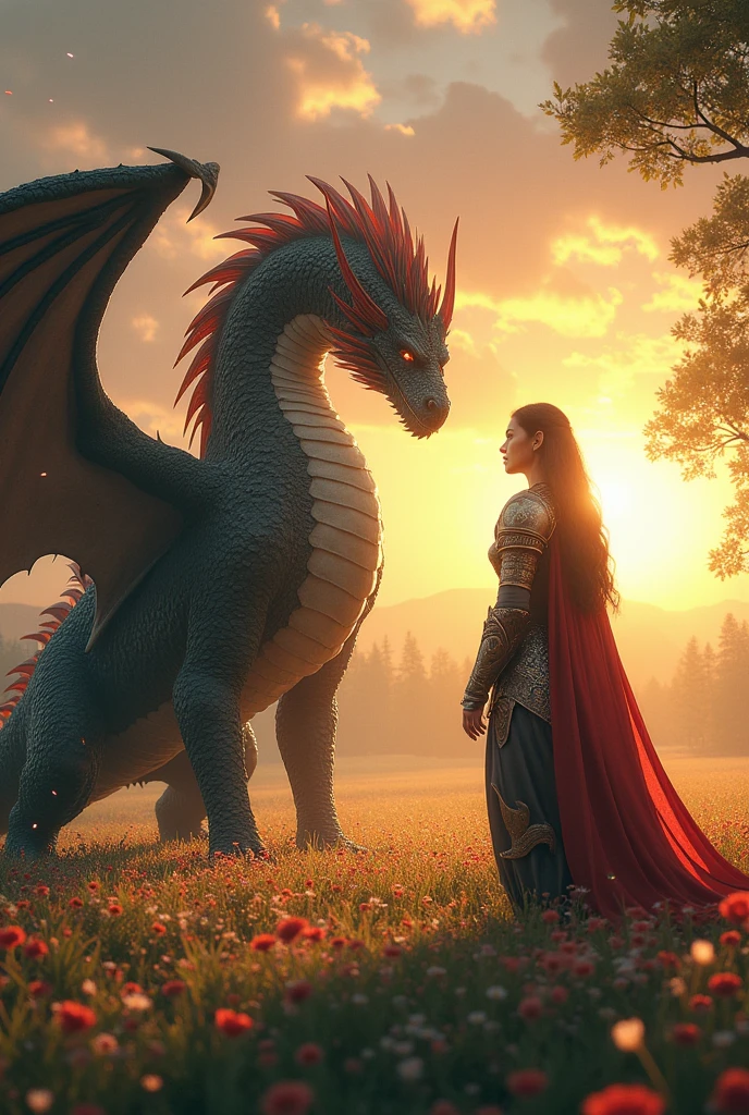 A warrior in a field of flowers and a forest dragon surrounded by fireflies join forces at sunset in a light breeze