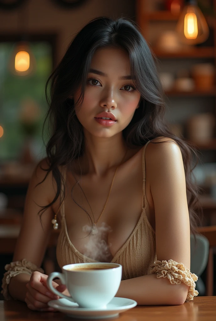 Create a image of a very beautiful lady whose age is around 24 yeaŕs horny seaxy with midium size body ethnic nepali, sitting at coffee shop,
