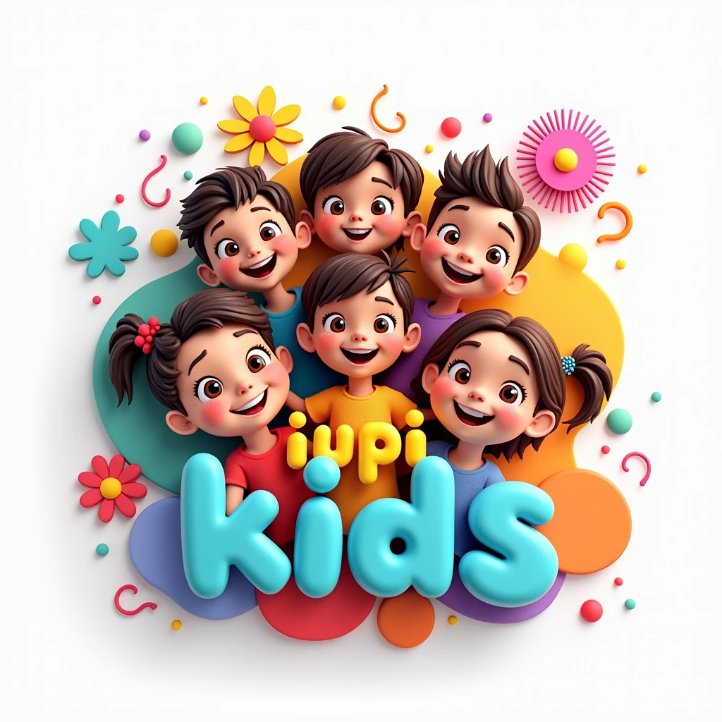 Design a playful and vibrant logo 3D for a children's YouTube channel named 'IuPi Kids'. The logo should feature bright colors, fun illustrations, and a friendly, approachable style. Include multiple children in the design to emphasize the channel’s focus on diverse and engaging content for kids