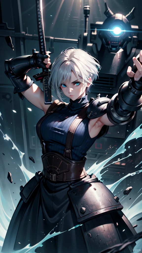 (masterpiece, best quality:1.2), expressive eyes, perfect face, highres, 1 girl, solo, (female:1.5), strife, short hair, shoulder armor, sleeveless turtleneck, suspenders, belt, gloves, bracer, standing, portrait, looking at viewer, White hair, Blue glowing eyes, holding a giant katana,