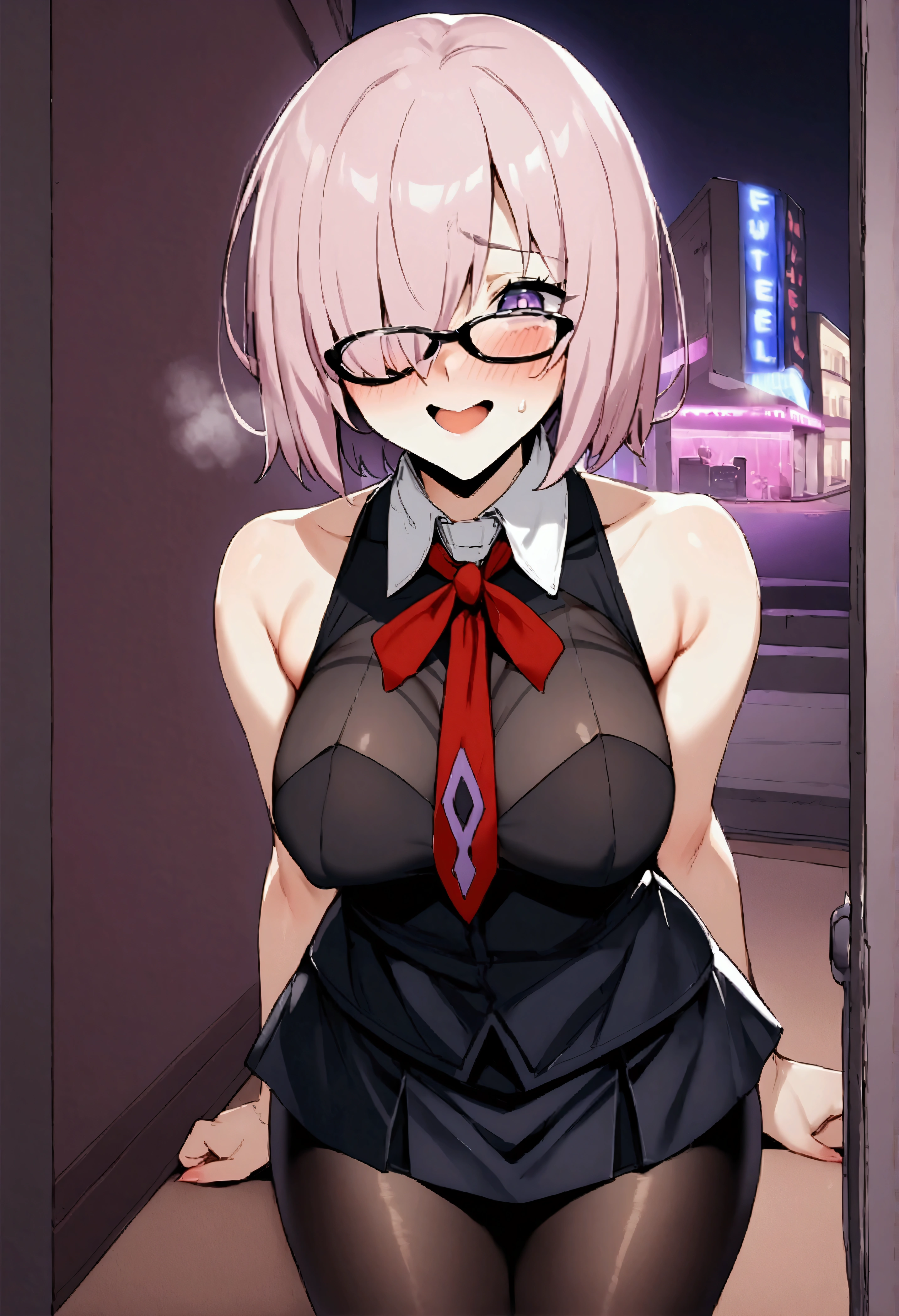 NSFW,masterpiece,Highest quality,High resolution,Very detailed,Mash Kyrielight\(Fate/grandorder\),short hair,Purple Eyes,Pink Hair,(Hair over one eye:1.2),Glasses,Collared shirt,(White collar:1.1),Black Shirt,tie,赤いtie,Sleeveless,Off the shoulder,mini skirt,Black Skirt,(Black Pantyhose:1.2),Nightlife,cyber punk,Love Hotel,Lustful face,Excited face,Embarrassed,(Prostitute)