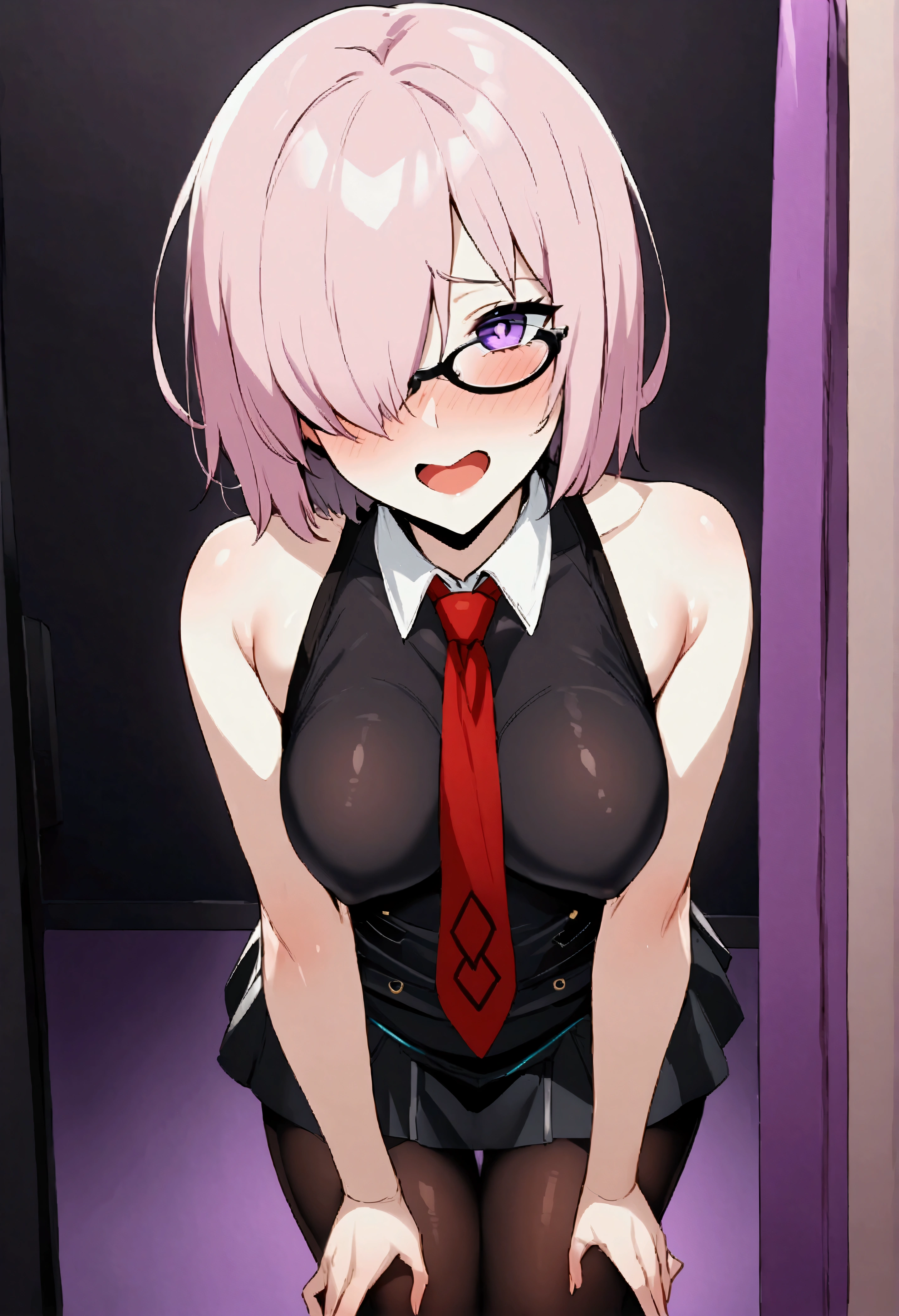 NSFW,masterpiece,Highest quality,High resolution,Very detailed,Mash Kyrielight\(Fate/grandorder\),short hair,Purple Eyes,Pink Hair,(Hair over one eye:1.2),Glasses,Collared shirt,(White collar:1.1),Black Shirt,tie,赤いtie,Sleeveless,Off the shoulder,mini skirt,Black Skirt,(Black Pantyhose:1.2),Nightlife,cyber punk,Love Hotel,Lustful face,Excited face,Embarrassed,(Prostitute)