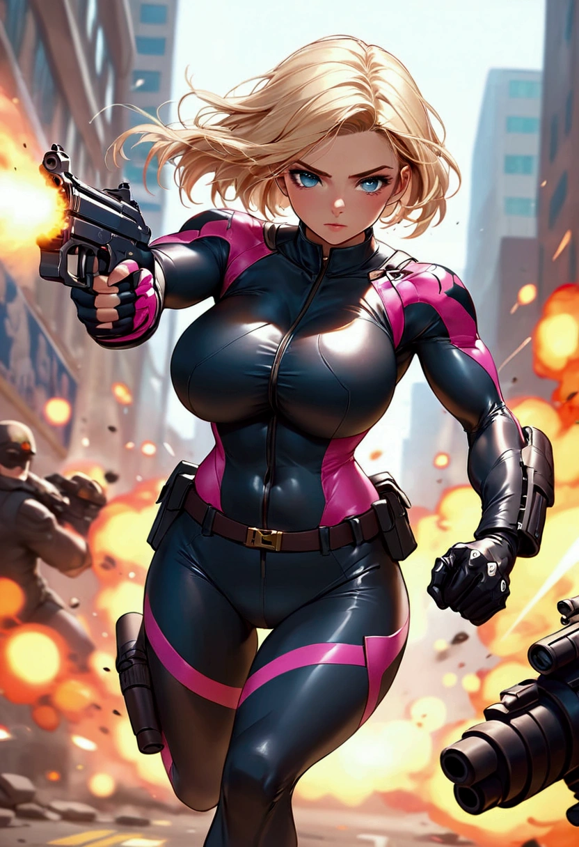 Woman in tight tactical superheroe suit black and pink. Big boobs. Atlhetic muscular action heroine. Fighting the crime. Slim young and very pretty. Hard woman. Blonde. Short hair. Intense and big blue eyes. Armed with very big guns. She is running for her life. Enemies are firing like hell