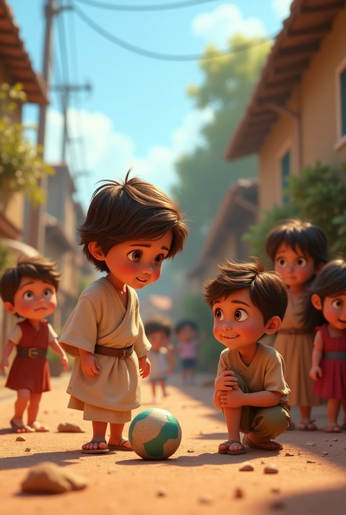 A 3D movie poster in Disney-Pixar style of Jesus as a kid he and his friends were playing with a ball and by accident they knocked over one of his friends who broke his ankle, the boy was dying and his friends would not let people get close and Jesus came over