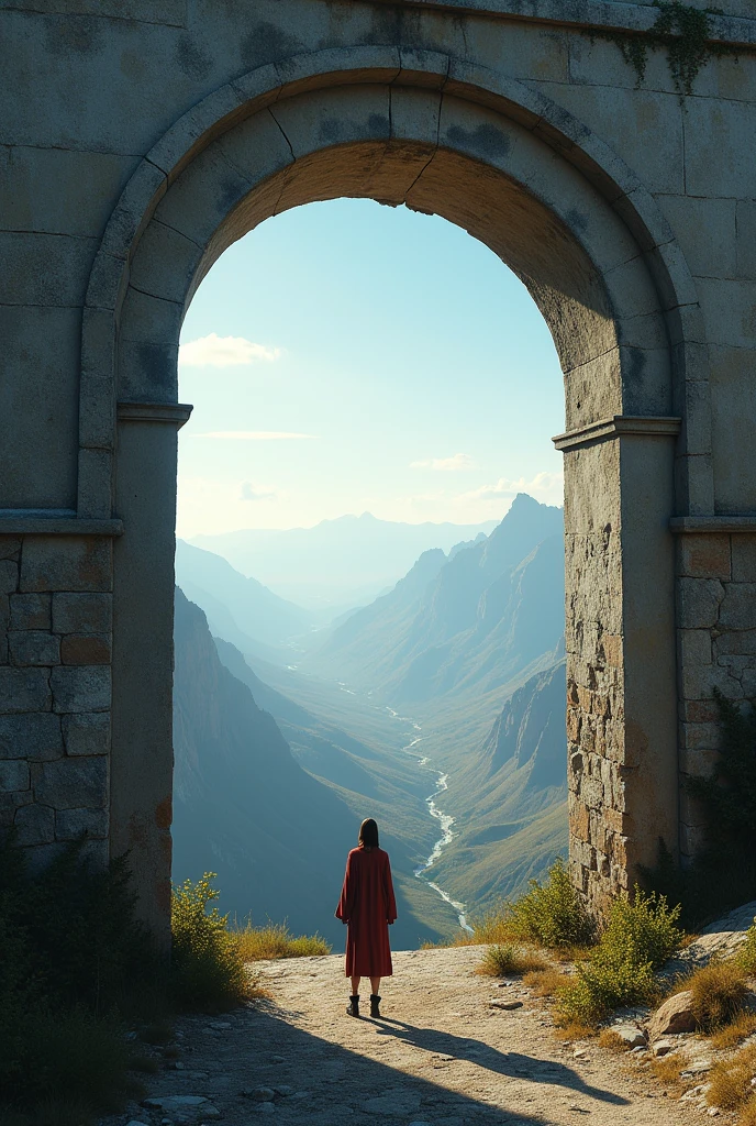 a large landscape through an extremely small hole in a smaller wall
