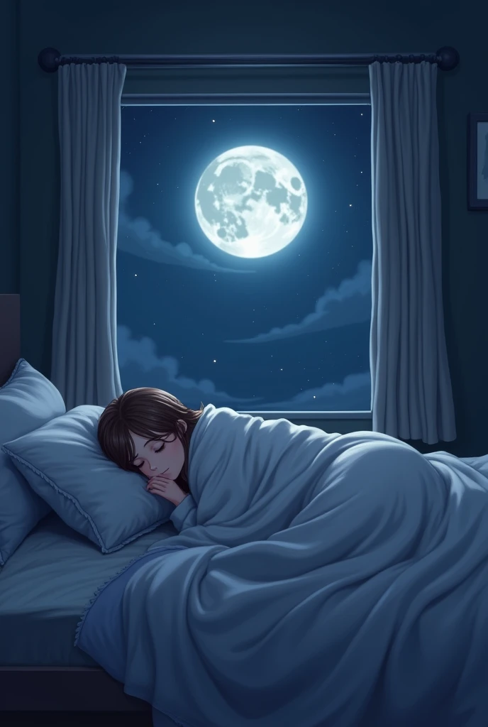 "A peaceful night scene inside a cozy bedroom. A young girl with long, straight brown hair is sleeping peacefully on a bed near a large window. The room is dimly lit, with no artificial lights on, and the soft glow of moonlight shines through the window. The sky outside is clear with a large, bright moon visible, casting a serene and calming atmosphere. The bed is made with soft pillows and a thick blanket that wraps around the girl, who is sleeping in a relaxed and comfortable position. The overall scene exudes tranquility and warmth, perfect for invoking a sense of calm and restful sleep."