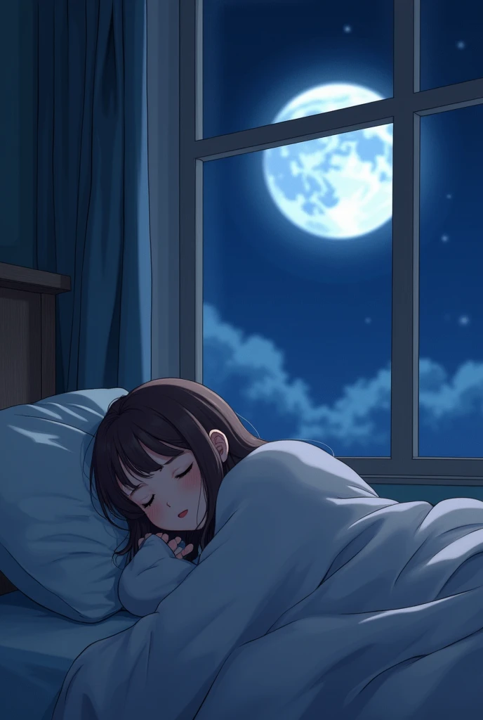 "A peaceful night scene inside a cozy bedroom. A young girl with long, straight brown hair is sleeping peacefully on a bed near a large window. The room is dimly lit, with no artificial lights on, and the soft glow of moonlight shines through the window. The sky outside is clear with a large, bright moon visible, casting a serene and calming atmosphere. The bed is made with soft pillows and a thick blanket that wraps around the girl, who is sleeping in a relaxed and comfortable position. The overall scene exudes tranquility and warmth, perfect for invoking a sense of calm and restful sleep."