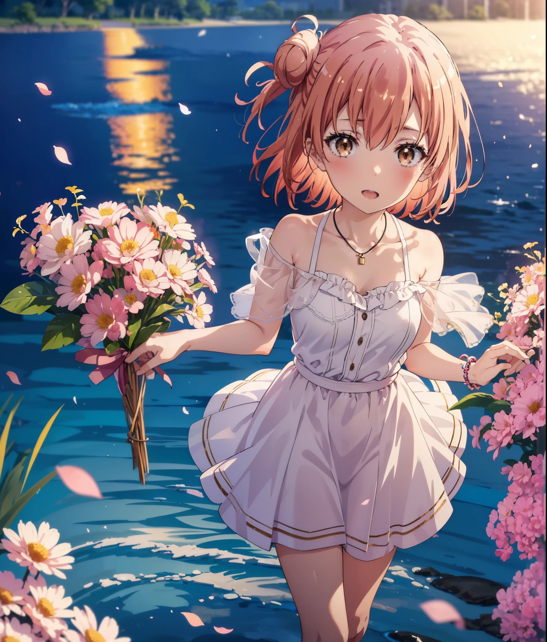 yuiyuigahama, yui yuigahama, short hair, (Brown eyes:1.5), (Pink Hair:1.2), Hair Bun, single Hair Bun,Big Breasts,smile,blush,Open your mouth,Off-the-shoulder dress,Bare shoulders,bare clavicle,Bare neck,Rocket Pendant,mini skirt,Cute heeled sandals,Daytime,Clear skies,Walking,whole bodyがイラストに入るように,
break outdoors,Flower Field,Large Lake,
break looking at viewer, whole body,
break (masterpiece:1.2), Highest quality, High resolution, unity 8k wallpaper, (figure:0.8), (Beautiful attention to detail:1.6), Highly detailed face, Perfect lighting, Highly detailed CG, (Perfect hands, Perfect Anatomy),