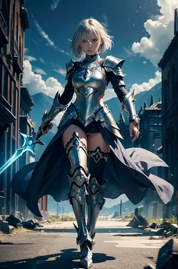 (((RAW image quality:1.4)))、(8K,The highest image quality:1.2),(tmasterpiece:1.37),(Photore,realisticlying:1.37),(超A high resolution),A half body,Walking Posture,Shooting from front,slow motion,Female Paladin dressed in full body,(Light silver armor:1.2),(Ornately decorated armor),(Insanely detailed), Dynamic combat with a long sword, POV, Snapshots in Motion