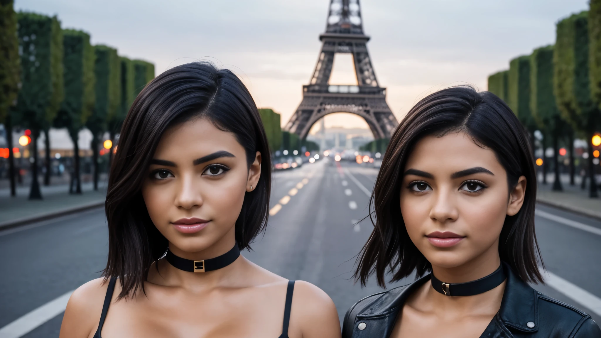 REALISTIC VISION 1.4 BETTER VAE, on the face of a young Latina woman, 2 girls, (big breasts:1.2), choker, with short tousled hair, Eiffel Tower, Paris 8K, sharp focus, good exposure, night, ISO 1000, 1/250s, natural light, Adobe Lightroom, photo lab, Affinity Photo, PhotoDirector 365
