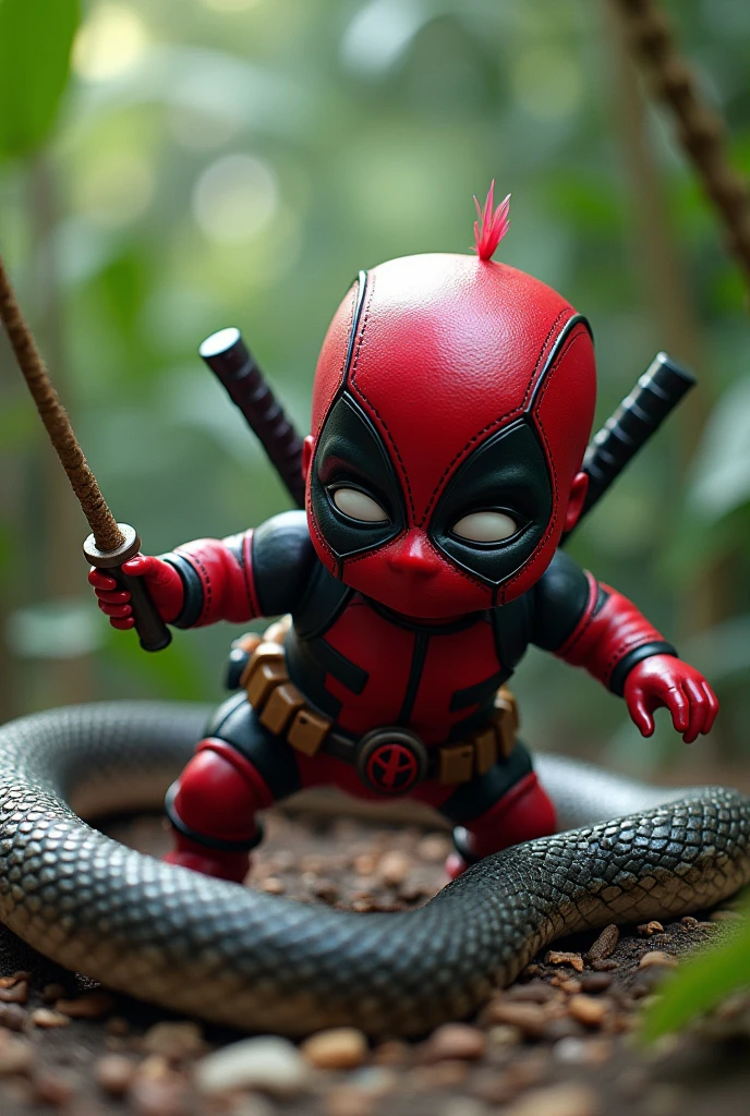 Create an image of baby Deadpool killing a snake