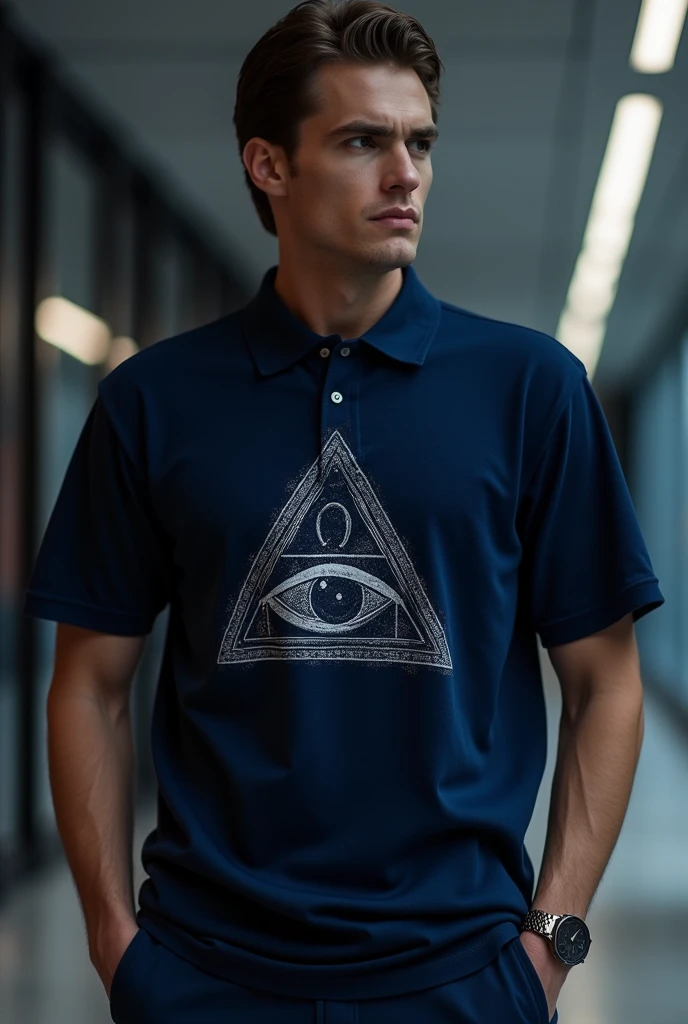 Design for a navy blue polo shirt, Oversized model with a triangle and an eye inside the triangle in the middle, similar to that of an illumina ti